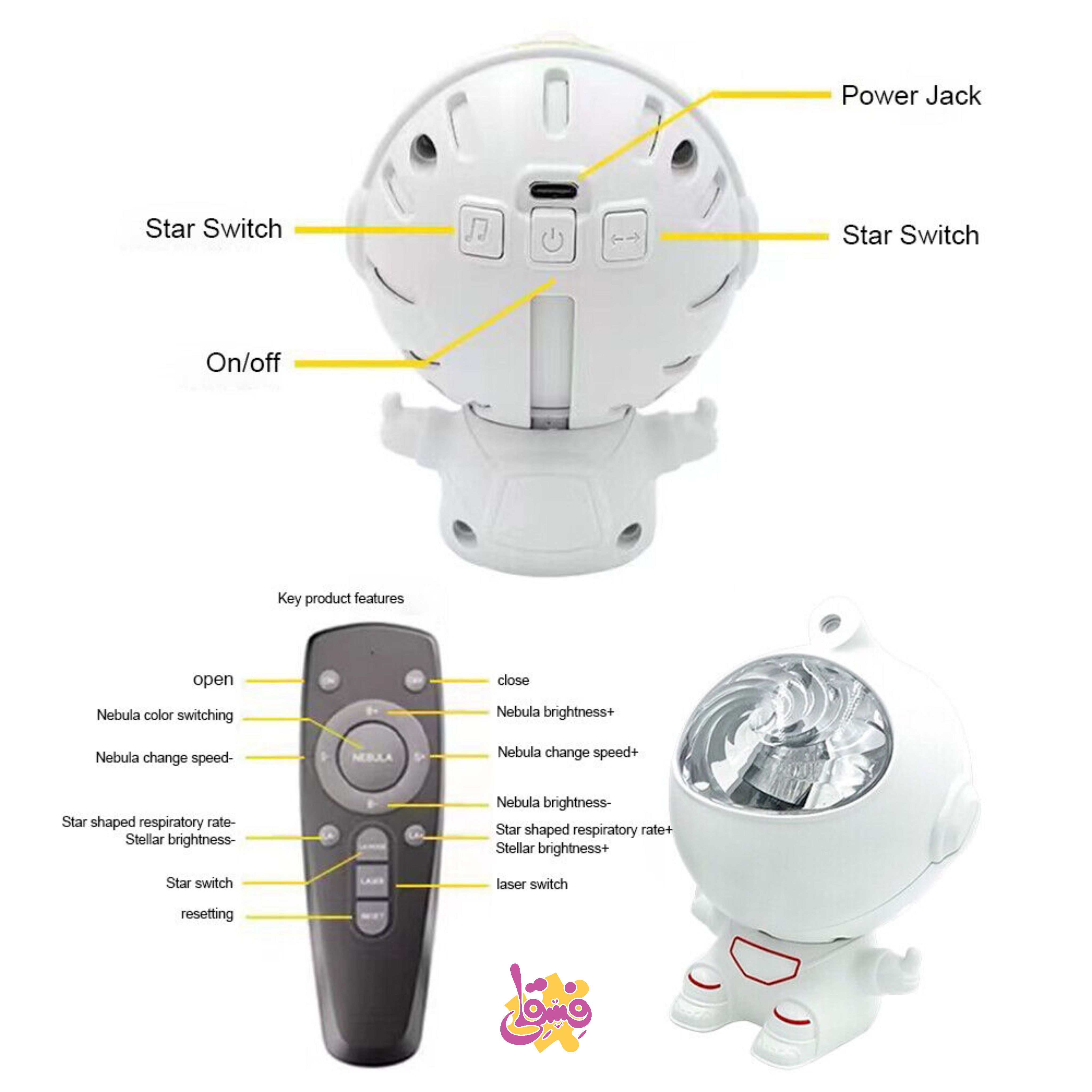 چراغ خواب و پروژکتور شفق قطبی و ستاره‌ها مدل فضانورد | فروشگاه اسباب بازی فسقلی