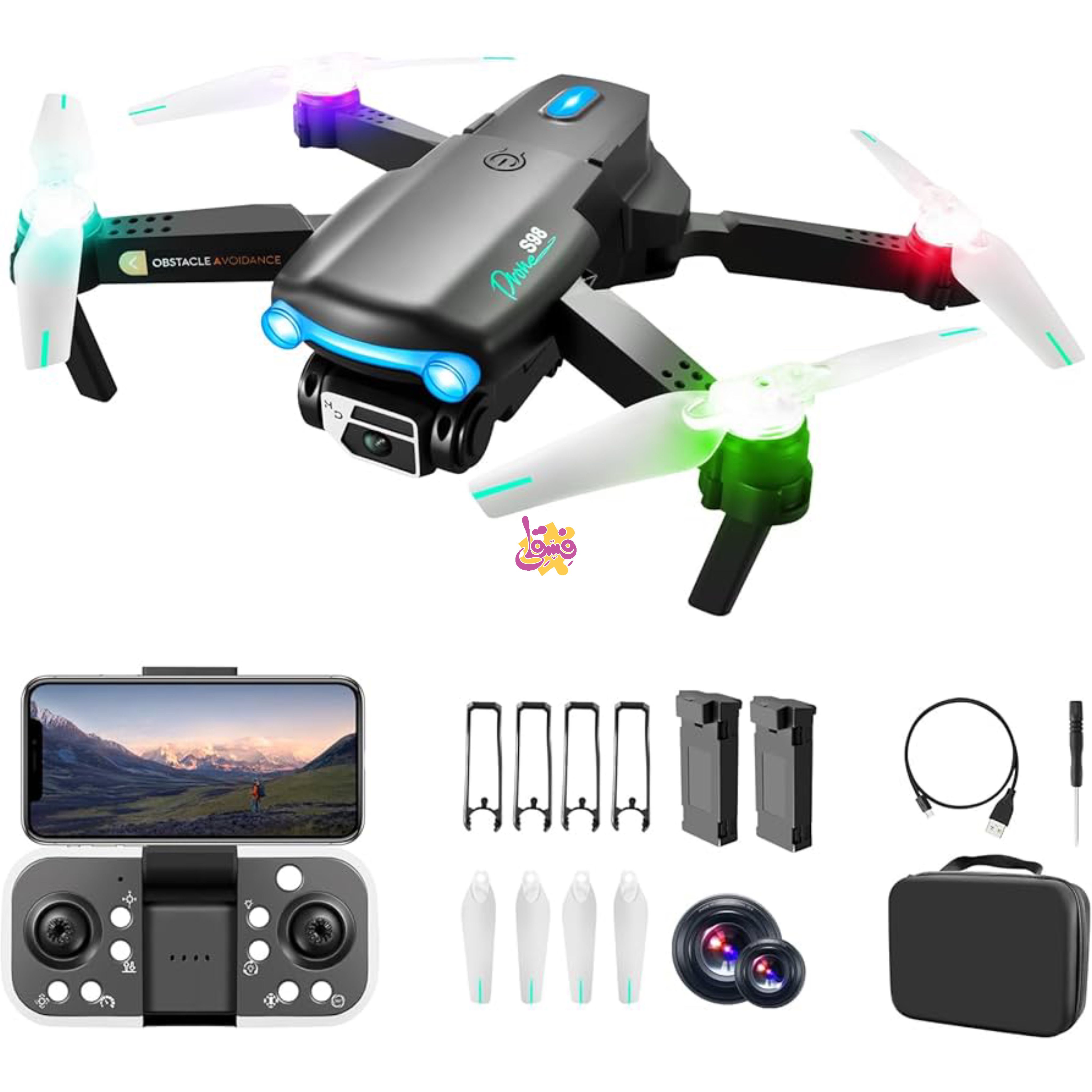 خرید کوادکوپتر S98 دوربین دار تاشو با سنسور عدم برخورد (پهپاد) از فروشگاه اسباب بازی فسقلی